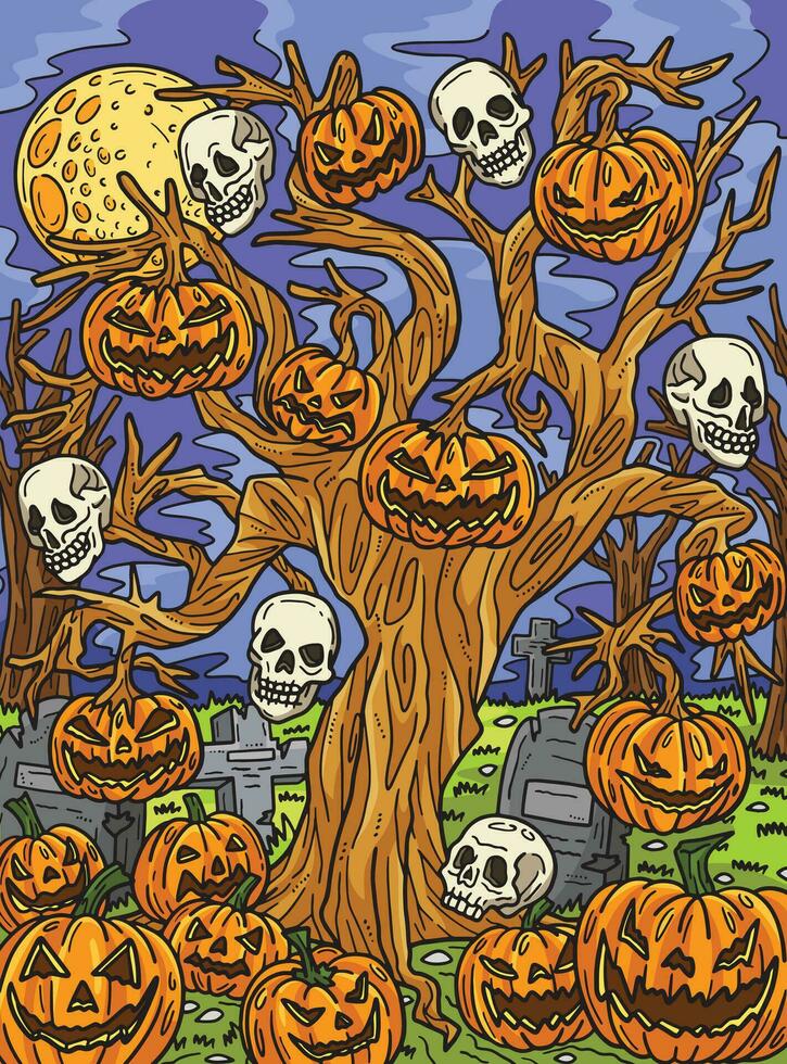Halloween Haunted Tree Colored Cartoon vector