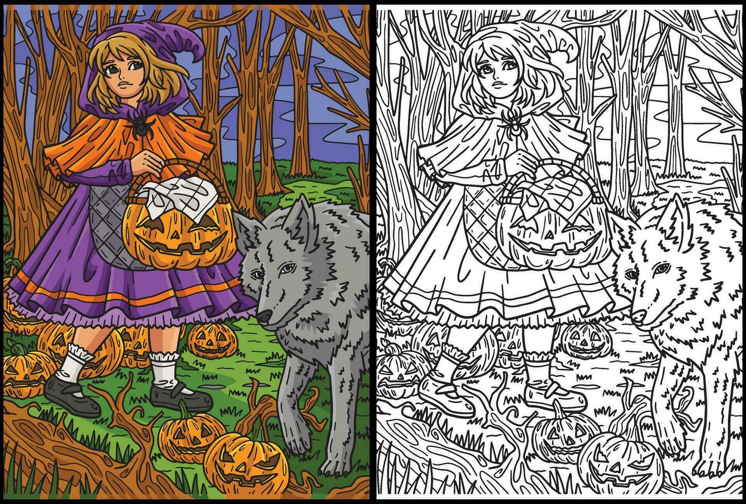 Halloween Child and Wolf Coloring Illustration vector