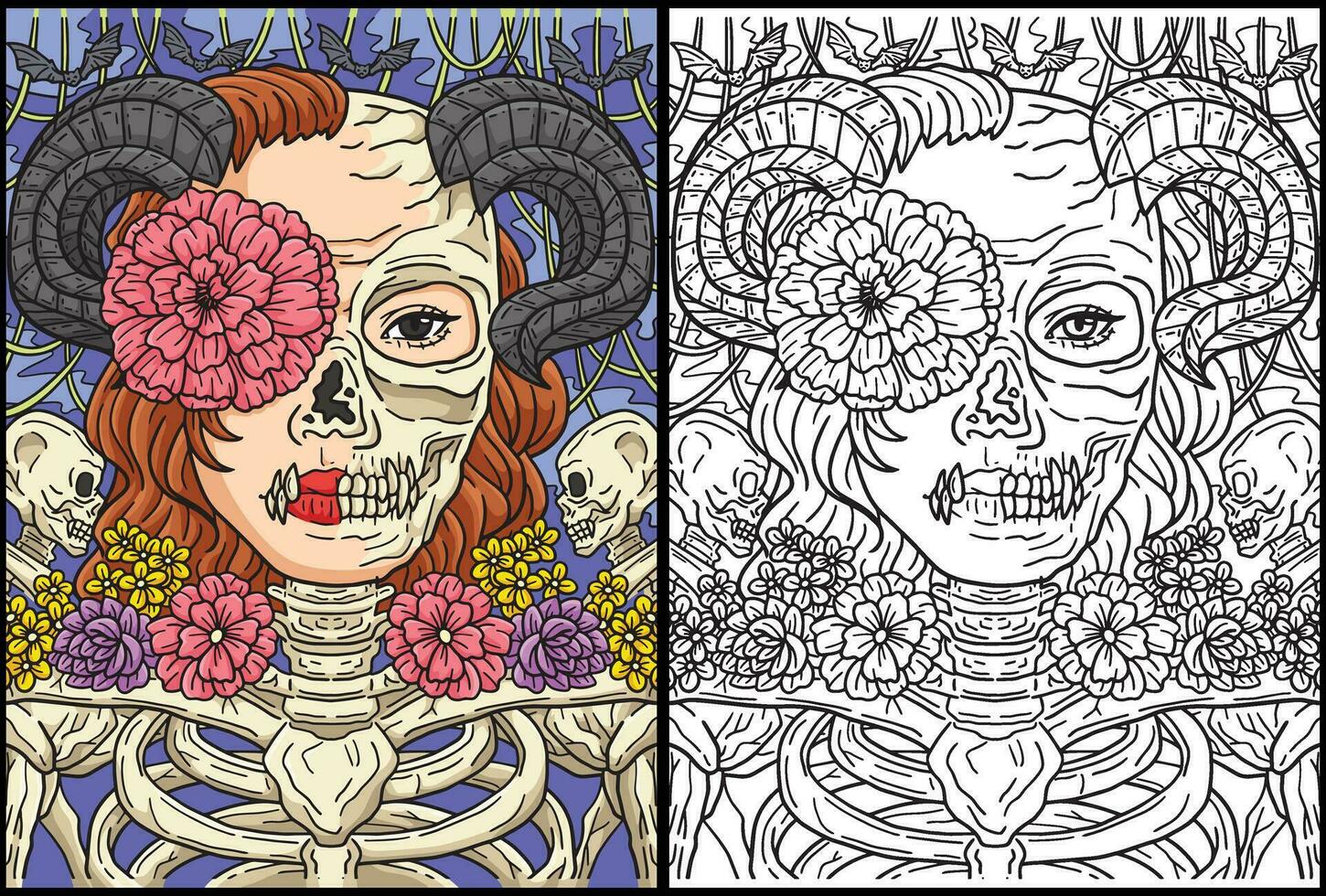 Halloween Skull Flower Coloring Page Illustration vector