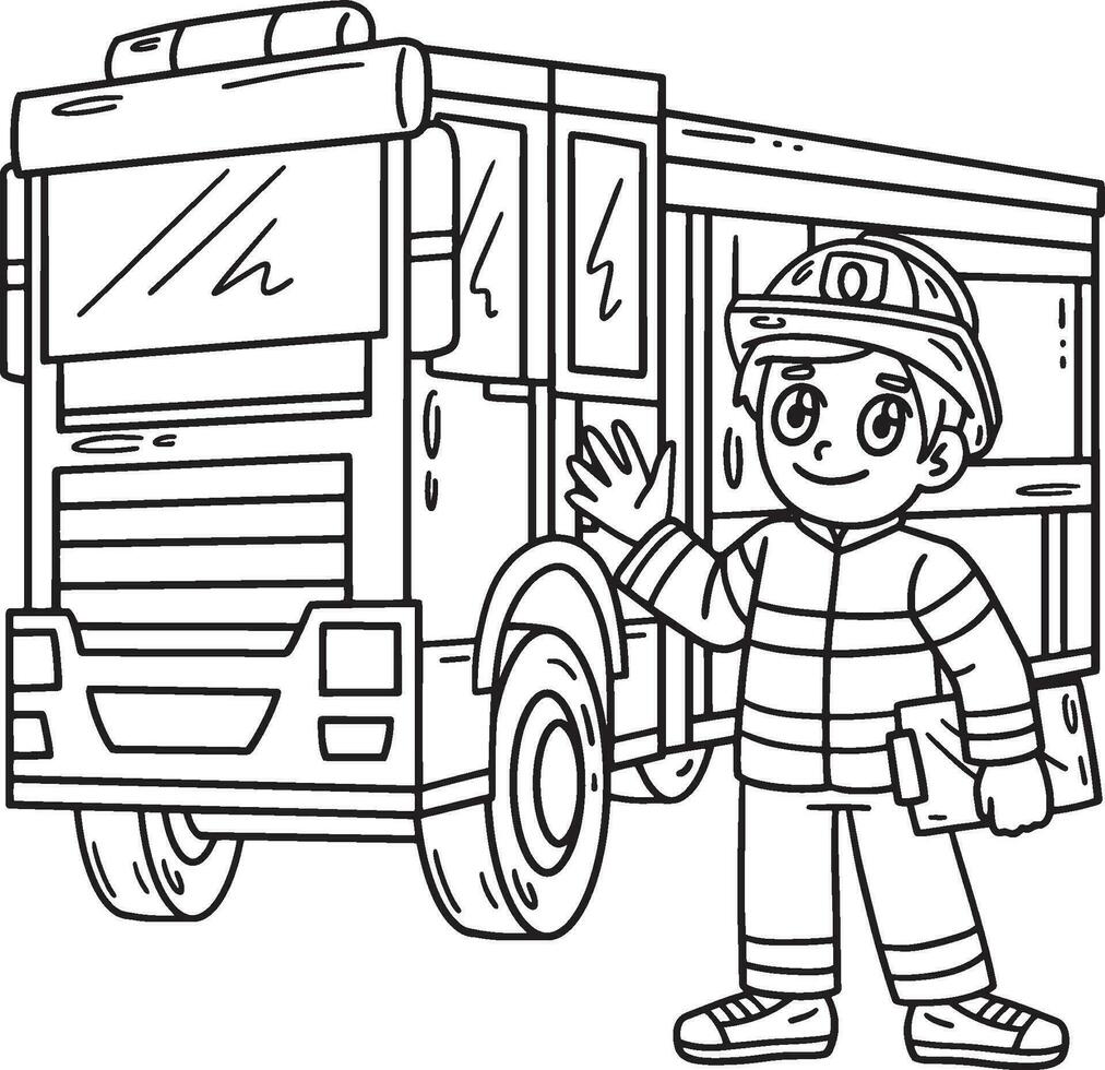 Firefighter and Fire Truck Isolated Coloring Page vector