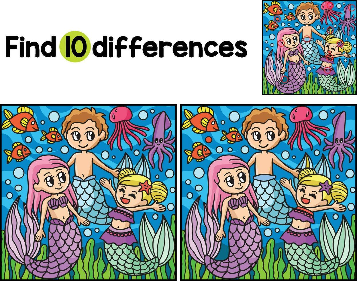 Mermaid Family Find The Differences vector