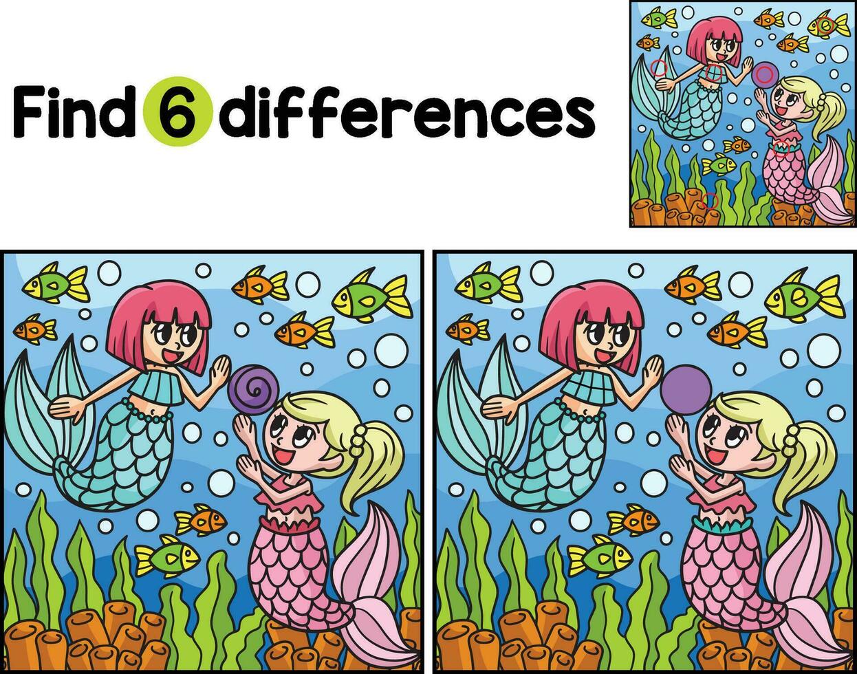 Playing Mermaid Find The Differences vector