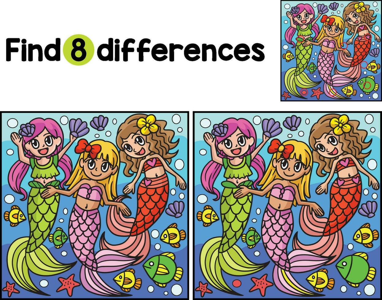 Mermaid With Friends Find The Differences vector