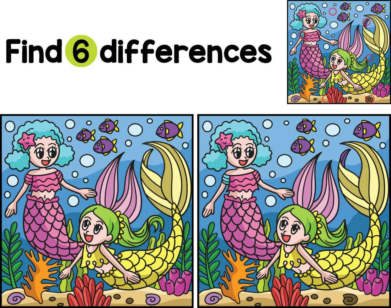 Mermaid Girls Playing Find The Differences vector