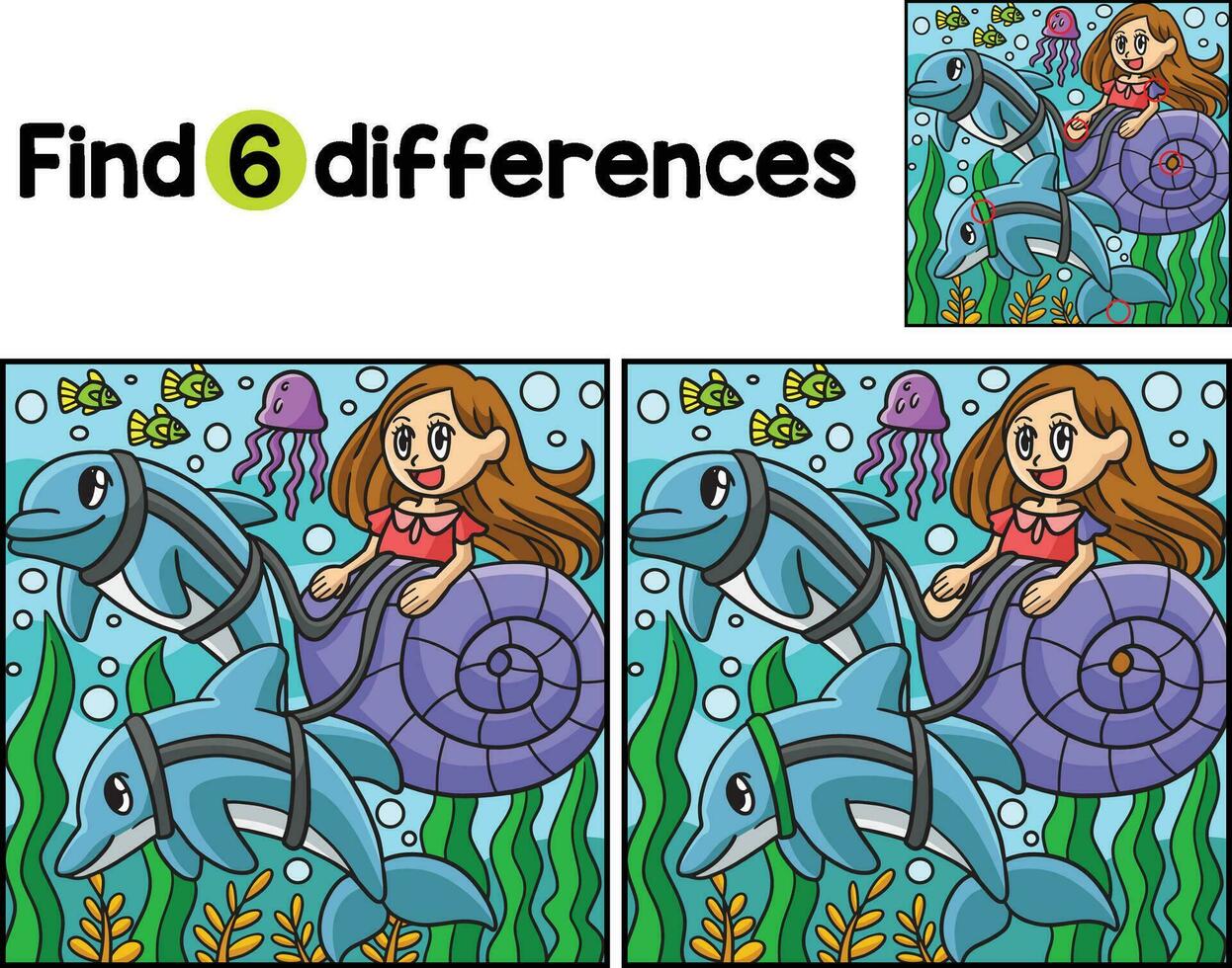 Mermaid Riding In A Seashell Find The Differences vector