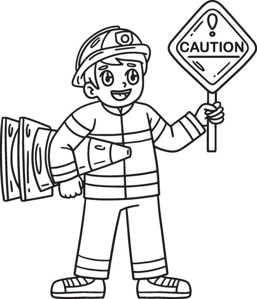 Firefighter with Safety Signs Isolated Coloring vector