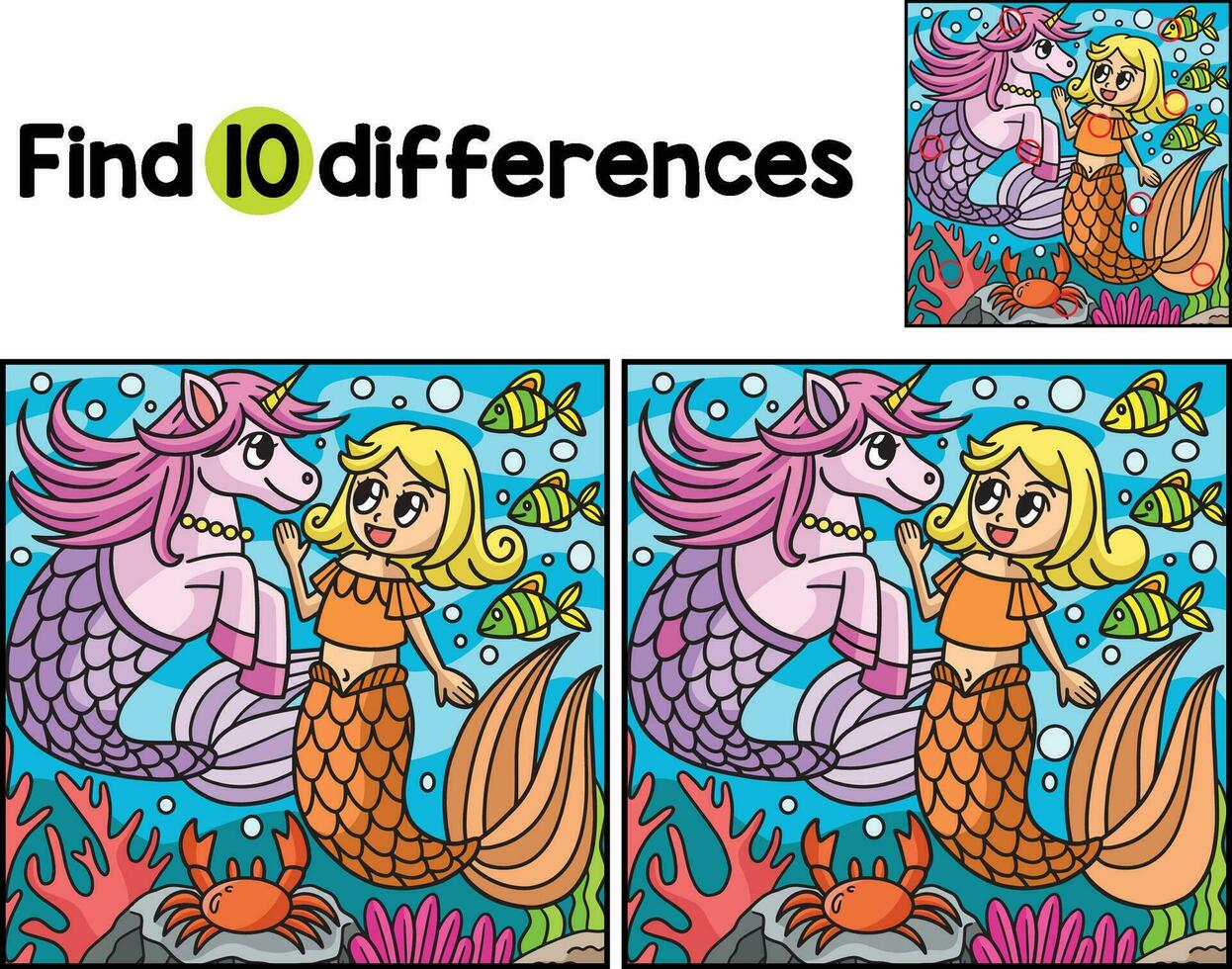 Mermaid Chatting With Unicorn Find The Differences vector