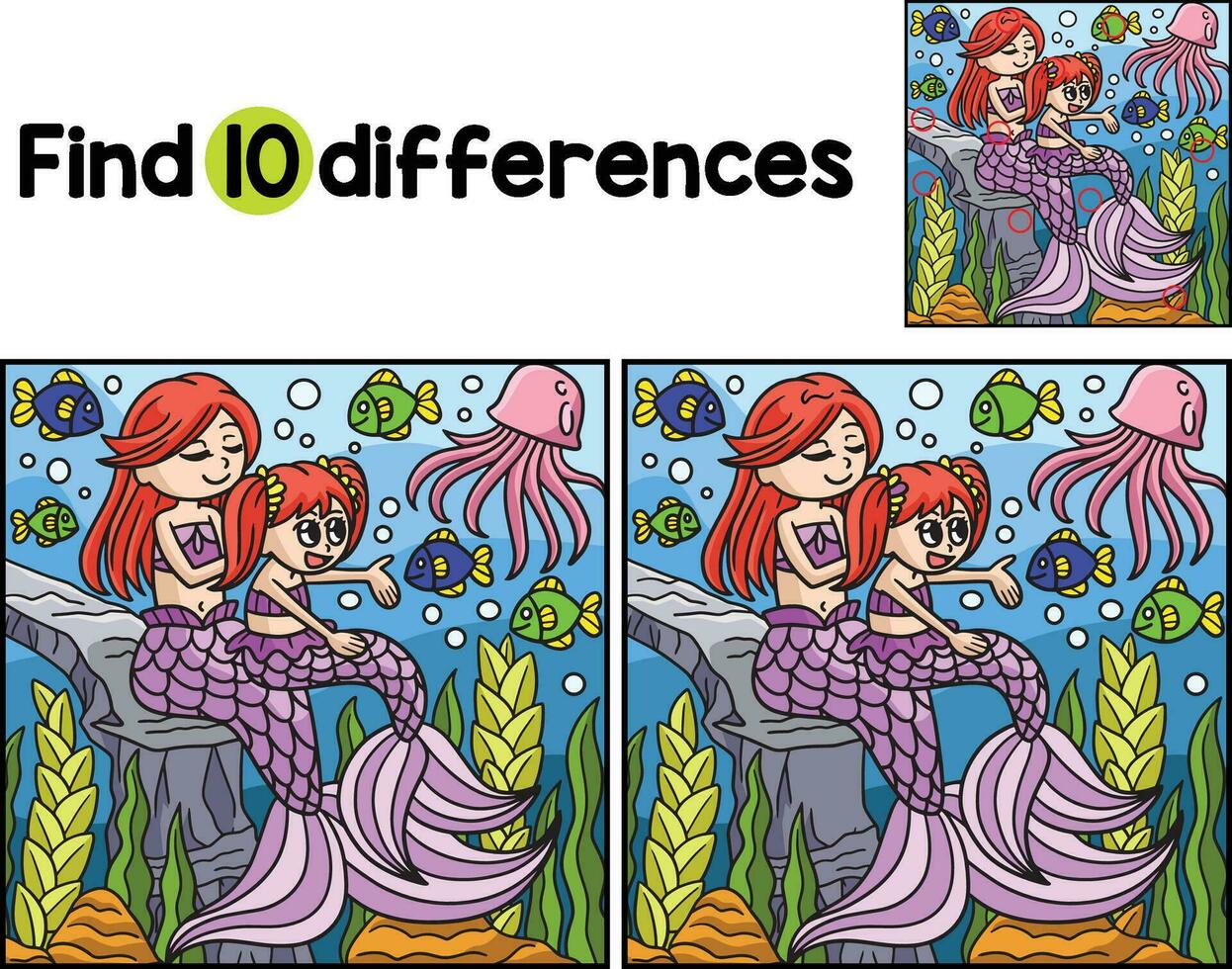 Mother And Daughter Mermaid Find The Differences vector