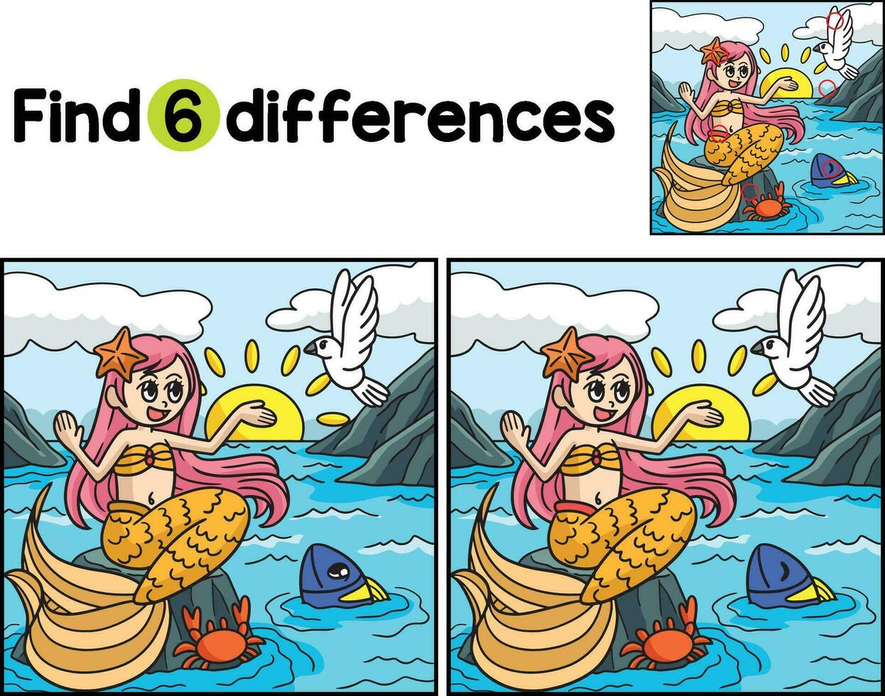 Mermaid Sitting On A Rock Find The Differences vector