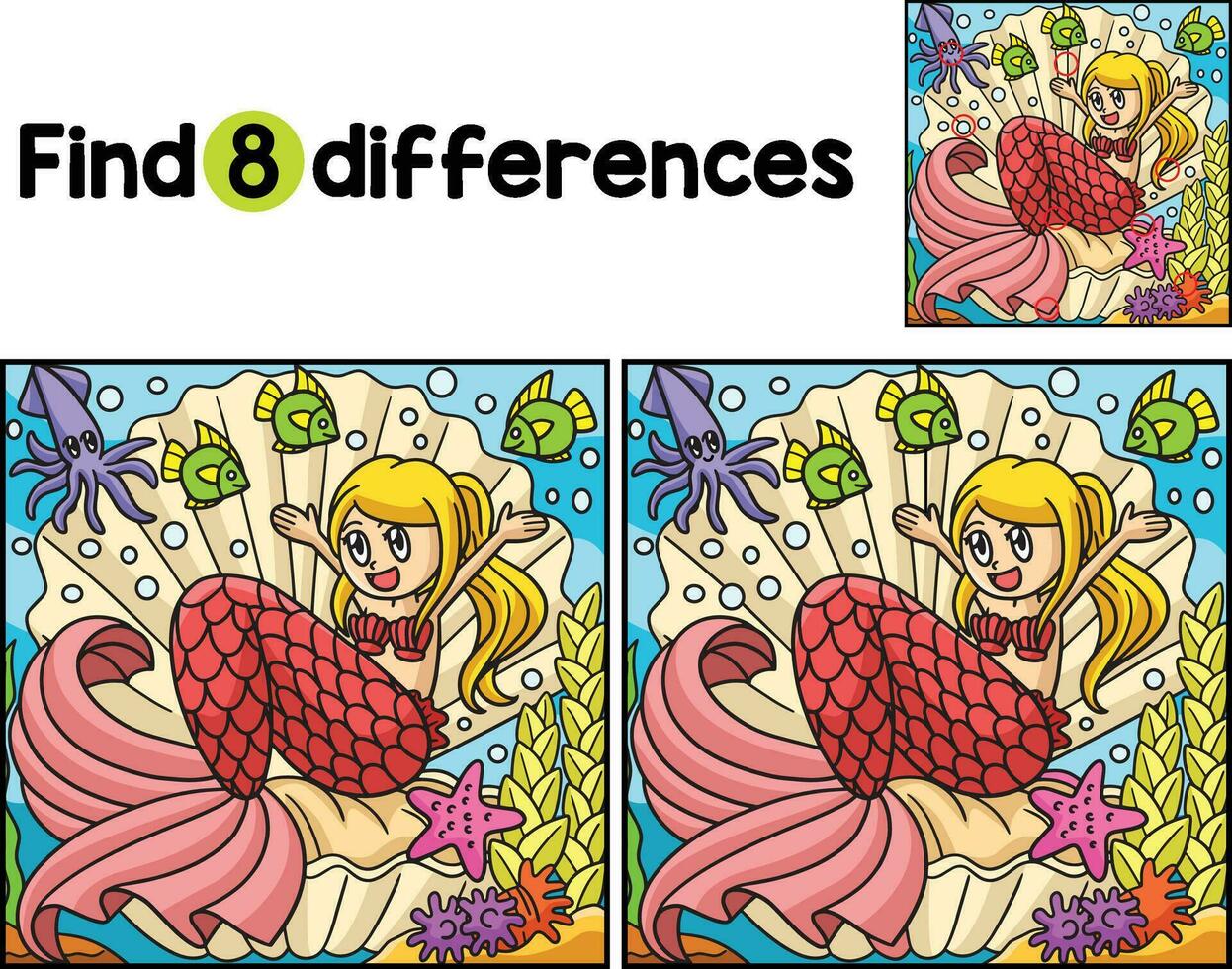 Mermaid Sitting Giant Shell Find The Differences vector