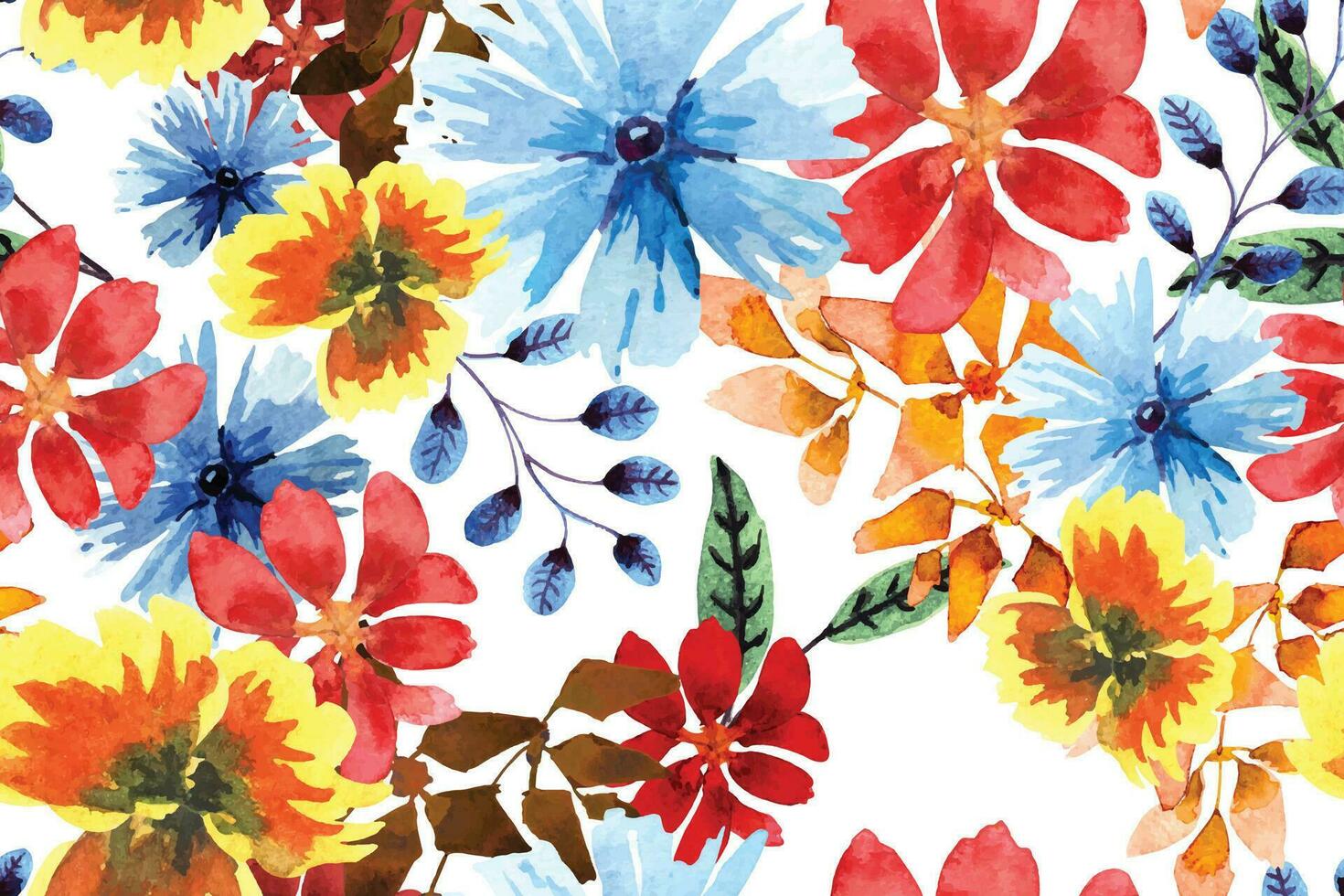 Seamless pattern of colorfull flowers drawn with watercolor.For the design of the wallpaper or fabric, vintage style.Blooming flower painting for summer.Botany background. vector