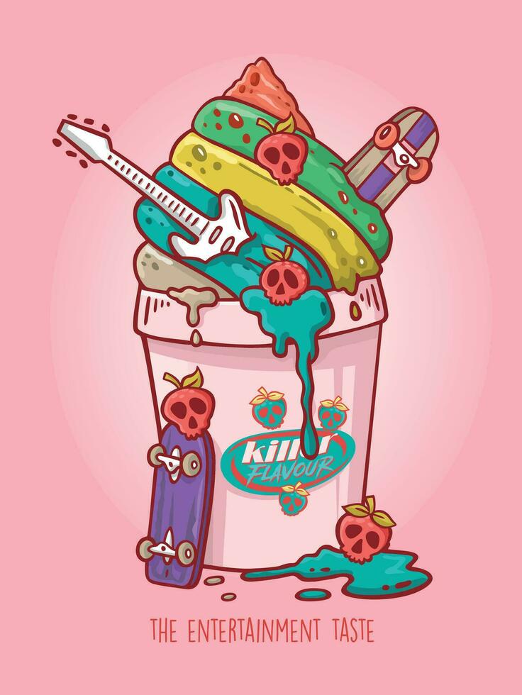 Handmade drawing of an ice cream cup with guitar, skateboard and skull-shaped strawberries, stripped-down art with cartoon-style features. Editable design for printing on t-shirts, posters, etc. vector