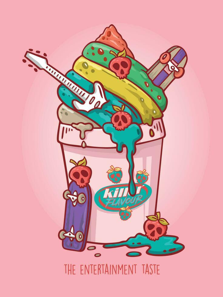 hecho a mano dibujo de un hielo crema taza con guitarra, patineta y en forma de calavera fresas, despojado Arte con estilo de dibujos animados características. editable diseño para impresión en camisetas, carteles, etc. vector