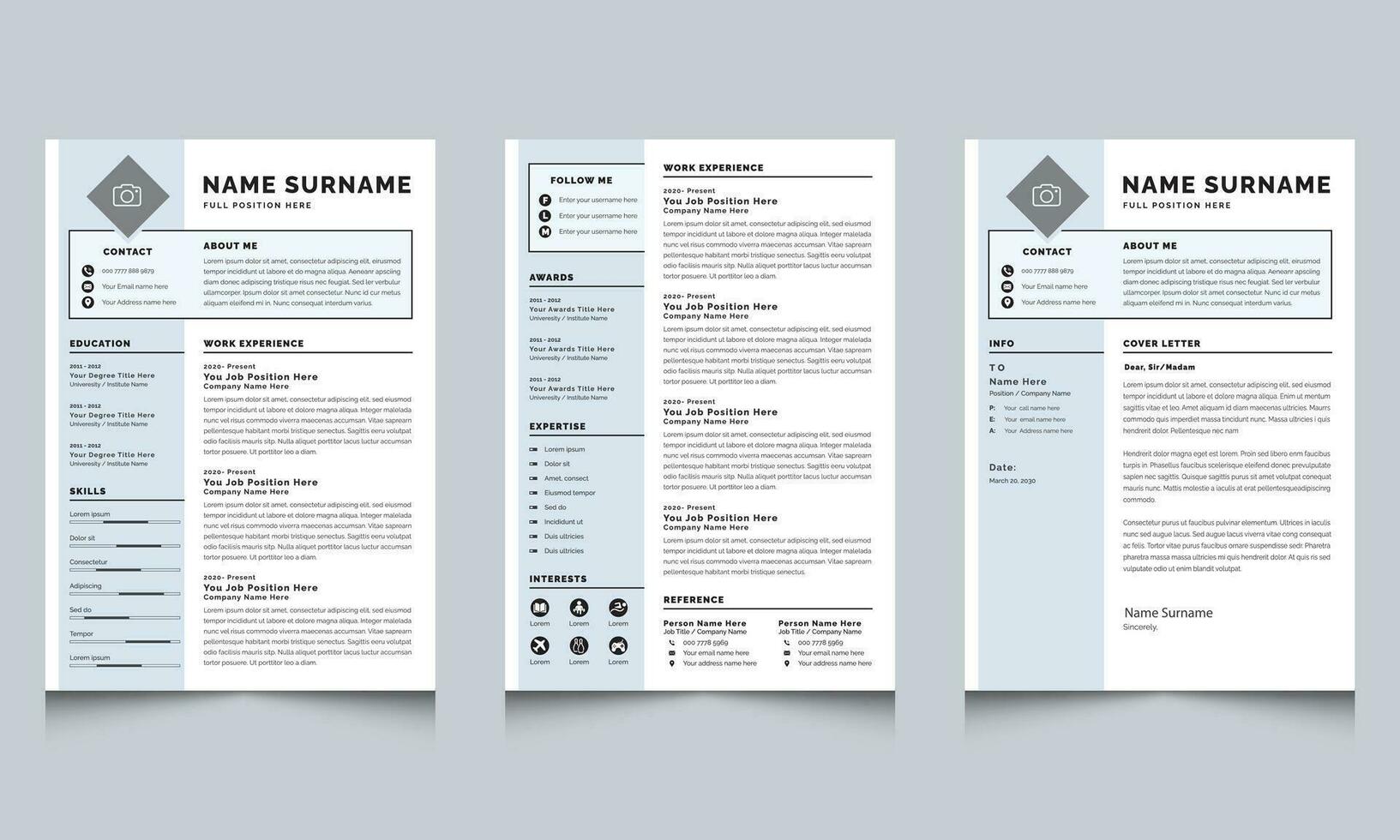 Resume and Cover Letter Layout with Blue Sidebar Design vector