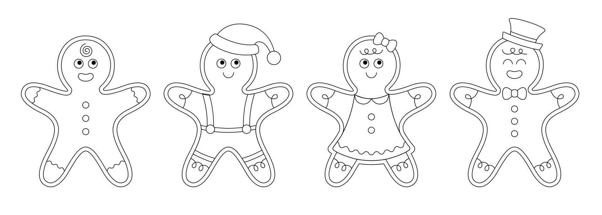 Set of of outline gingerbread man and woman cookie. Holiday biscuit, traditional Christmas dessert. Vector illustration