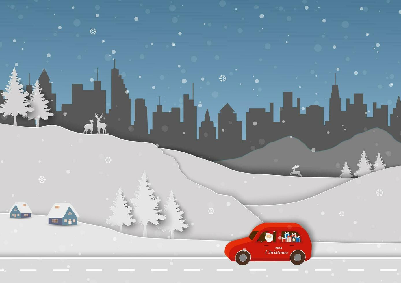alegre Navidad y contento nuevo año saludo tarjeta, papá noel claus conducción un rojo coche y entregando regalo cajas a el ciudad en invierno vector