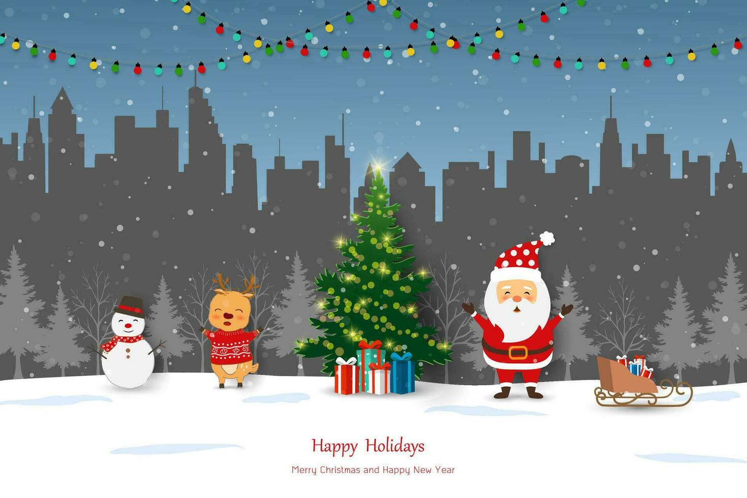 alegre Navidad y contento nuevo año saludo tarjeta invierno paisaje con Papa Noel claus celebrar fiesta en ciudad antecedentes vector