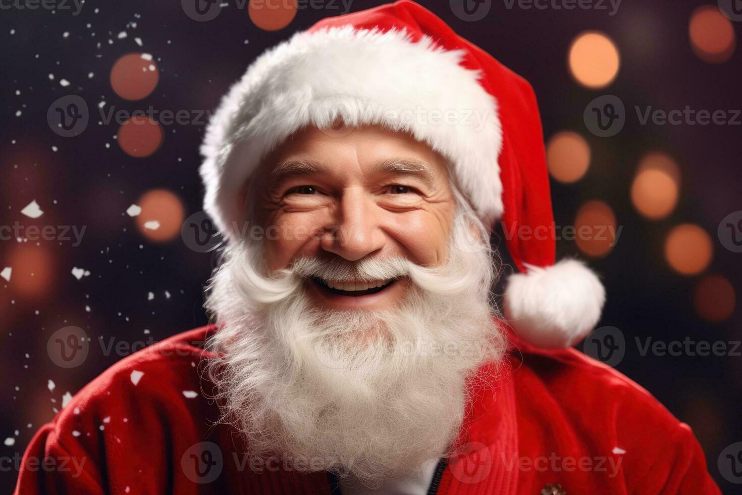 Portrait of happy Santa Claus in red suit over Christmas lights background. Generative AI photo