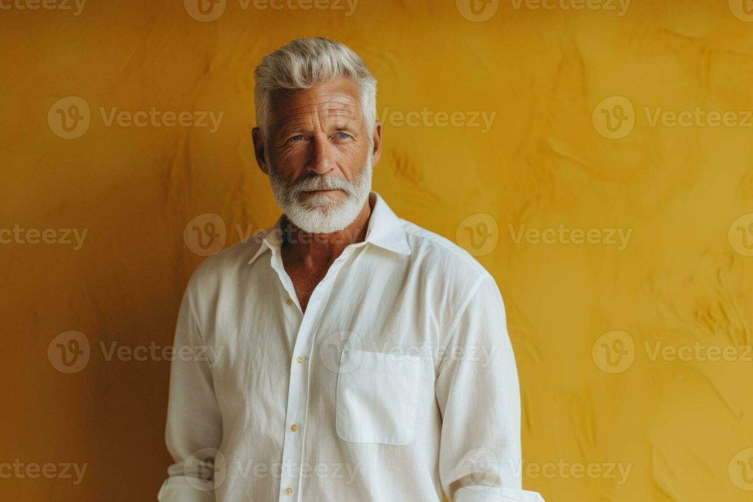 Portrait of senior man with grey beard in white shirt on yellow background Generative AI photo