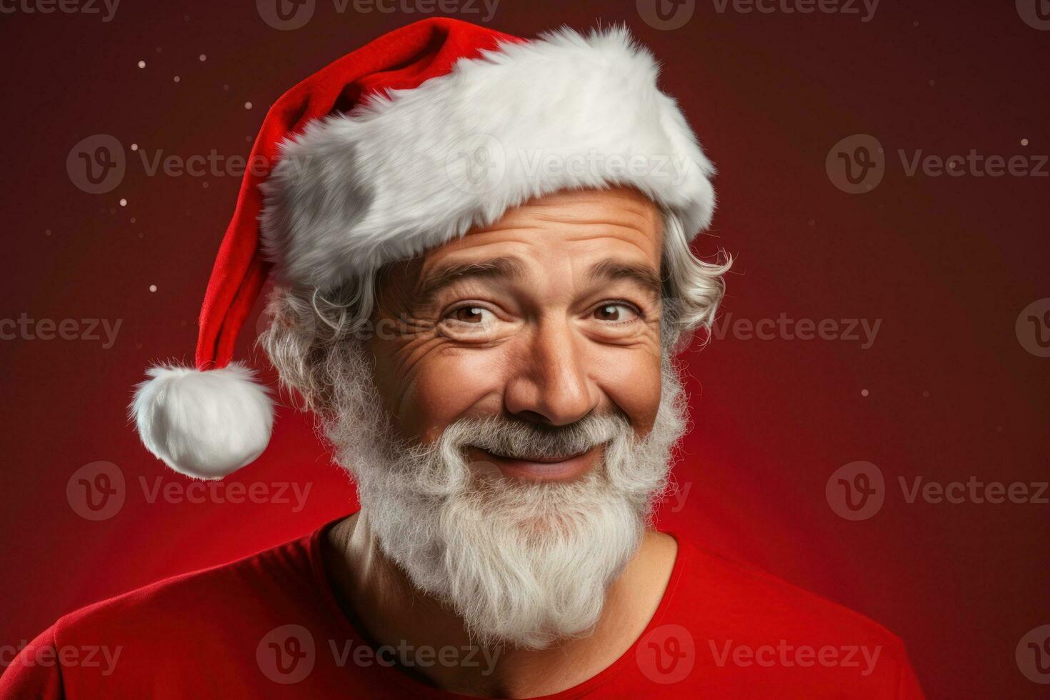 Portrait of a senior man in Santa Claus hat on red background Generative AI photo