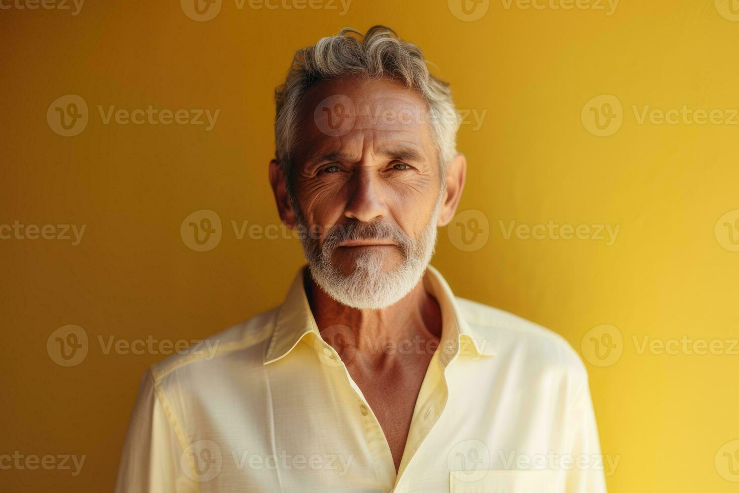 Portrait of a senior man with grey hair and beard standing against yellow background Generative AI photo