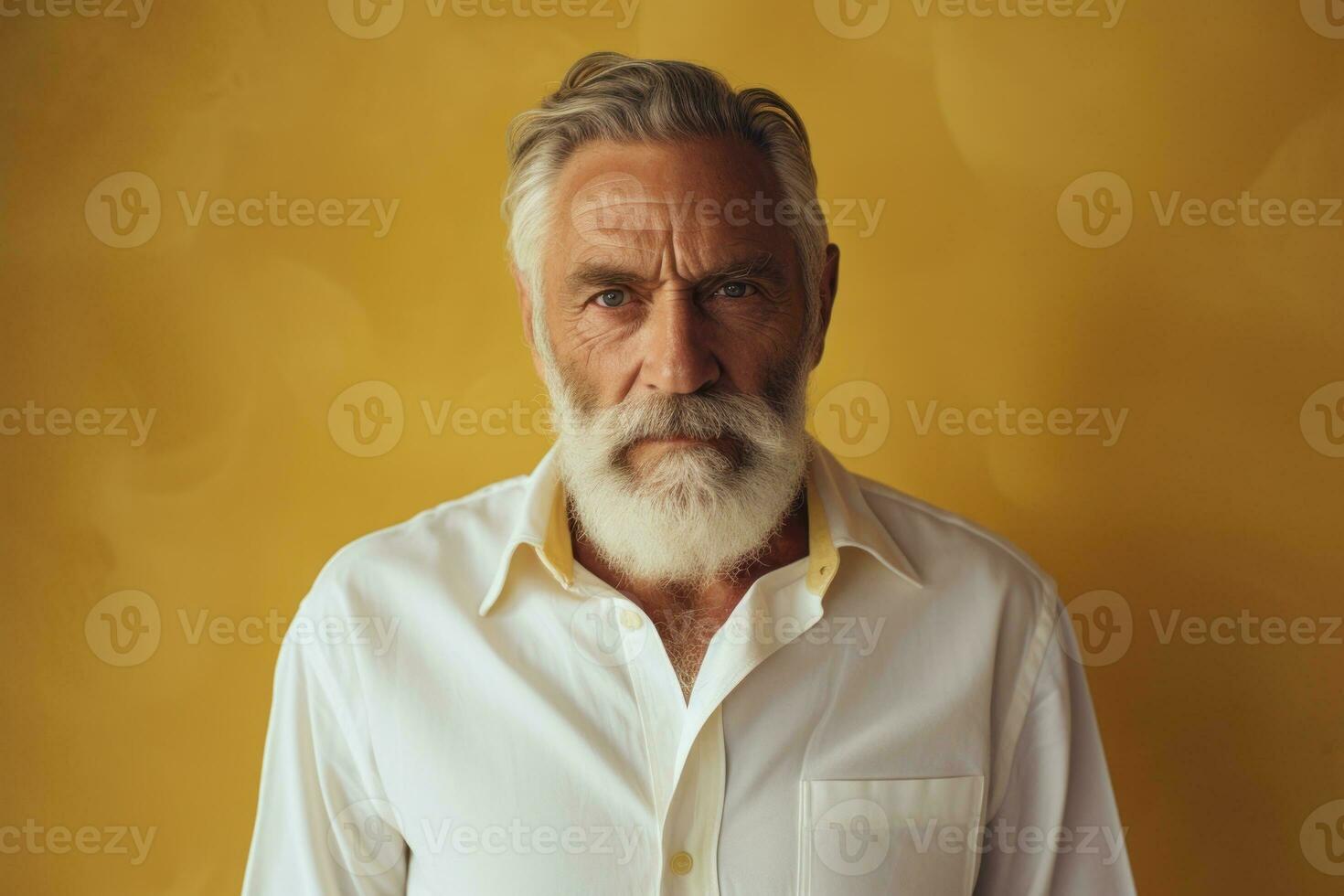 Portrait of senior man with white beard and mustache on yellow background Generative AI photo