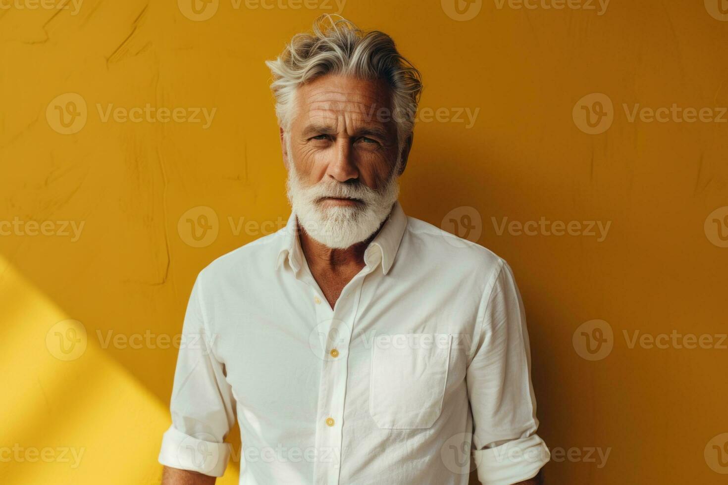 Portrait of senior man with grey hair and beard in white shirt standing against yellow wall Generative AI photo