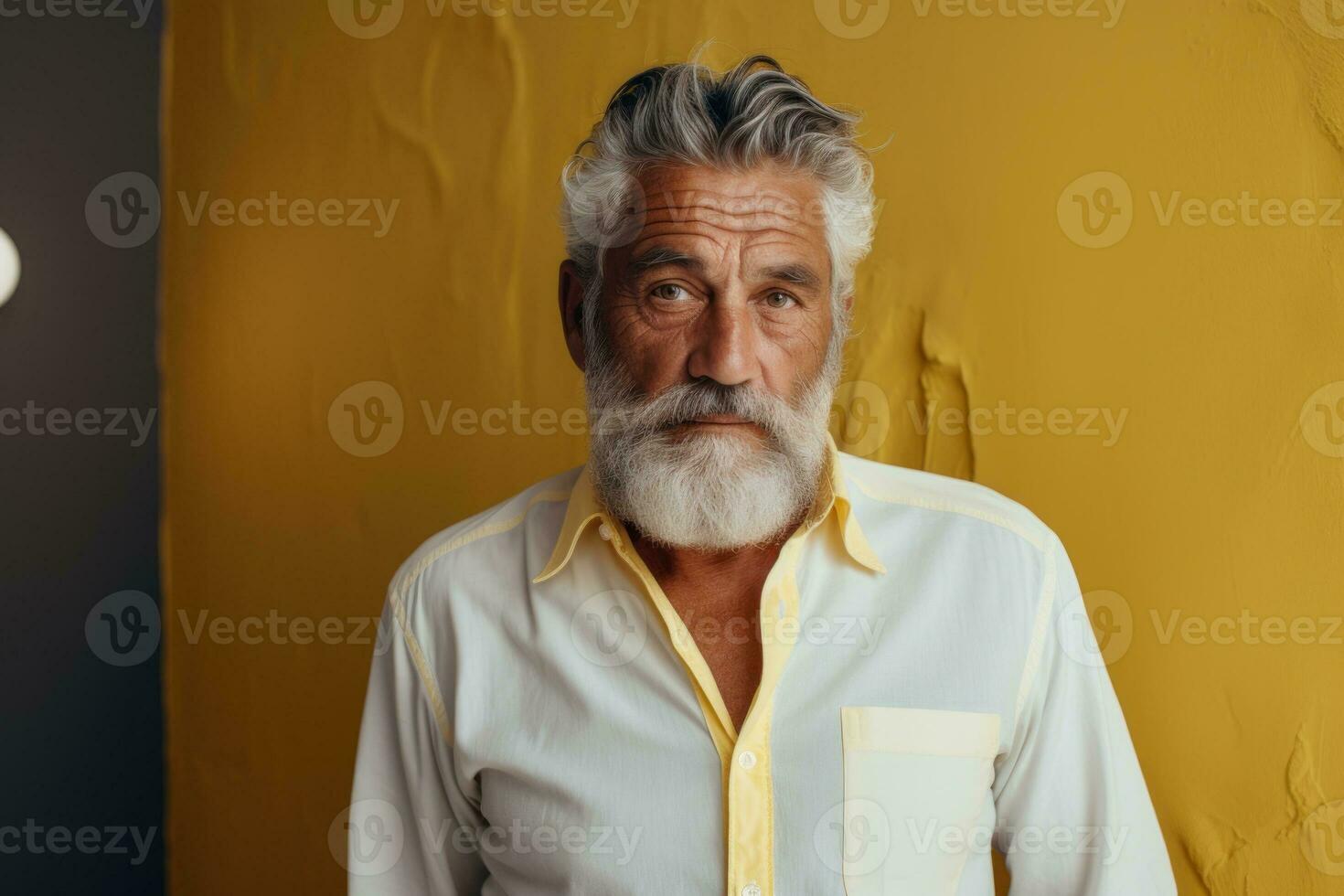 Portrait of an old man with a gray beard in a white shirt Generative AI photo