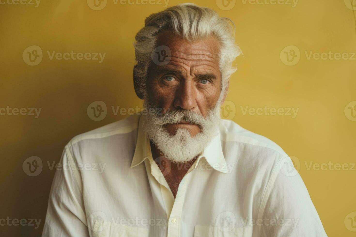 Portrait of senior man with white beard and mustache on yellow background Generative AI photo