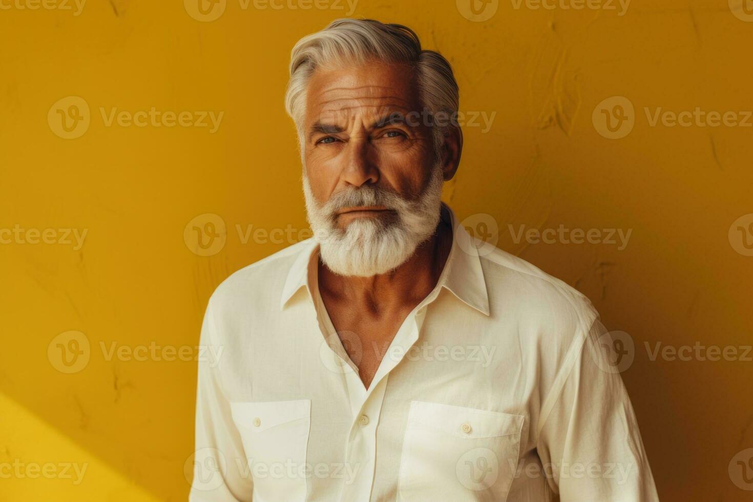 Portrait of an old man with gray hair and beard in a white shirt on a yellow background Generative AI photo