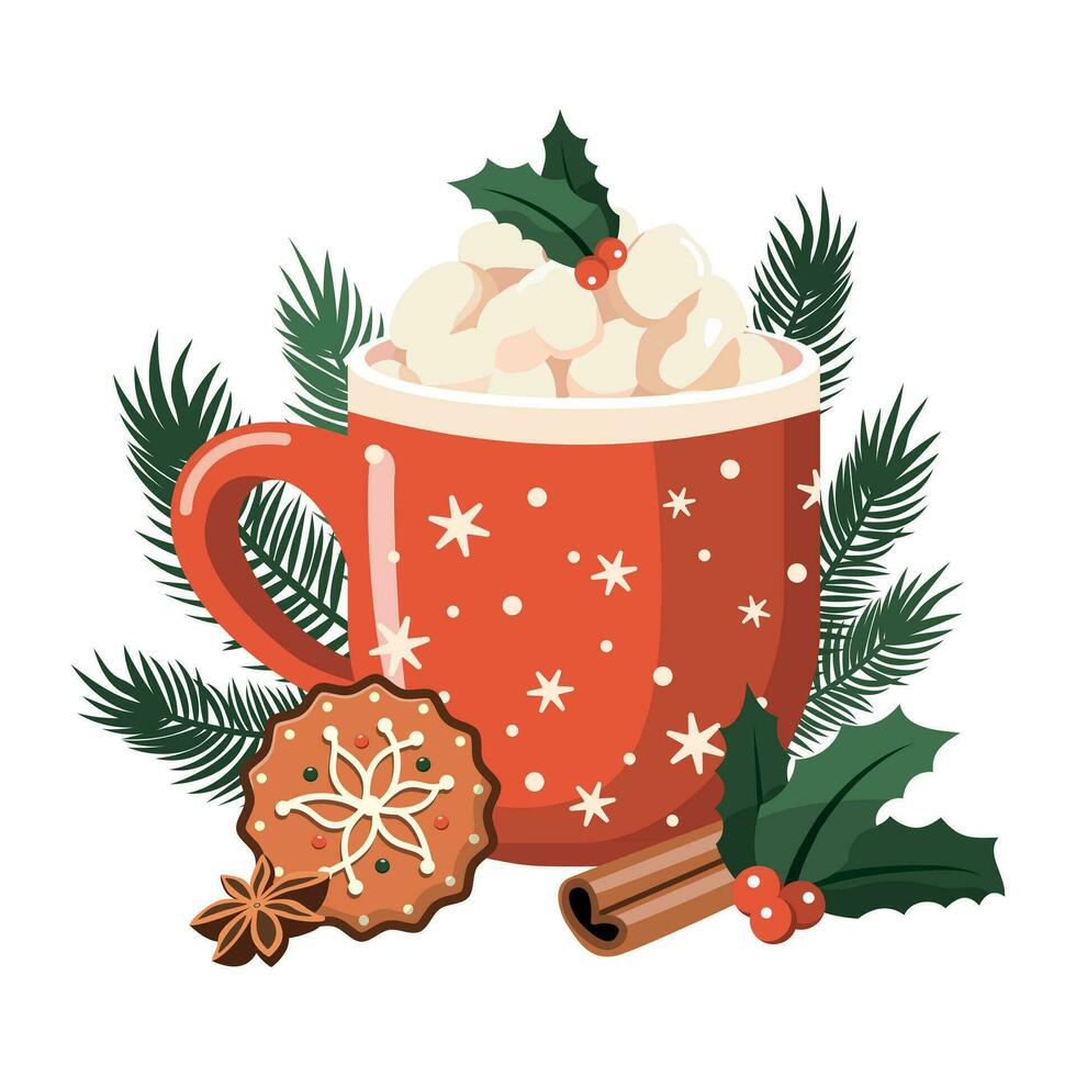 Hot Christmas drink with marshmallows, gingerbread cookie, fir branches, and cinnamon stick. Isolated on white background, Vector illustration, Merry Christmas and New Year themed design.