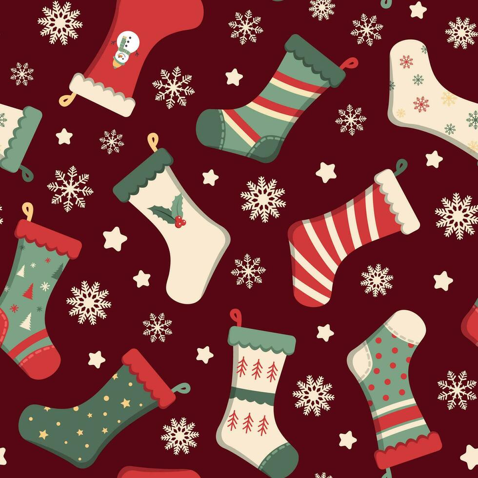 Cute Christmas holiday socks on a red background. Vector seamless pattern Design for festive wallpapers, wrapping or textile