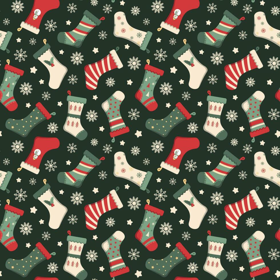 Christmas socks seamless pattern on a green background. Vector illustration. Design for festive wrapping or textile