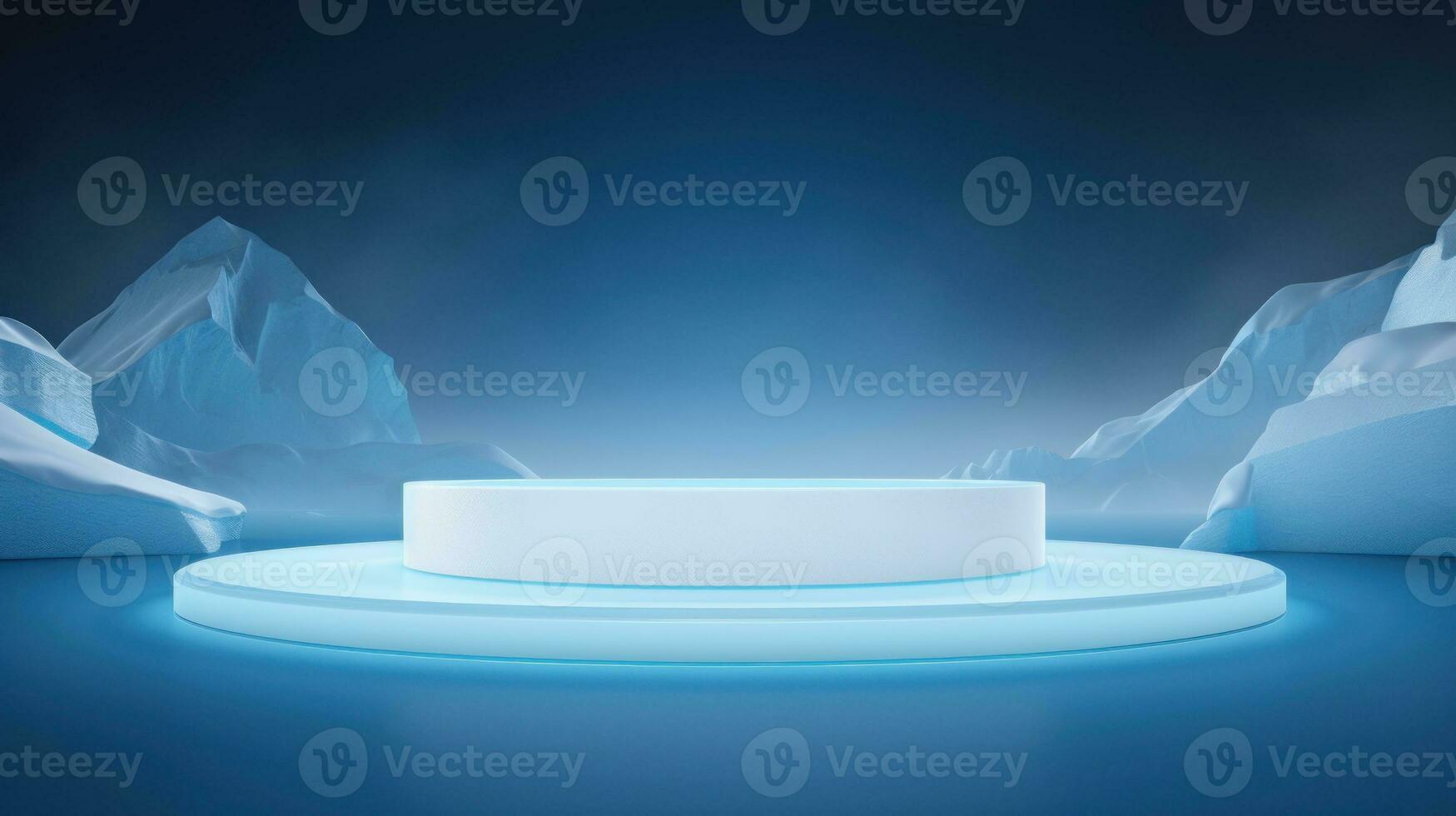 Abstract blue background with podium and mountains. 3d render illustration. Generative AI photo