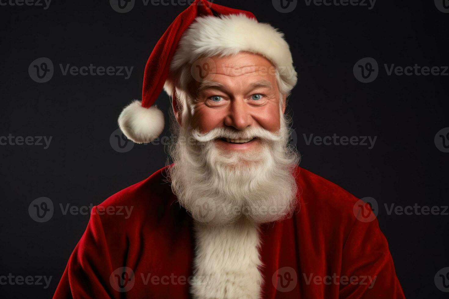 Portrait of senior man in Santa Claus costume on dark background. Generative AI photo
