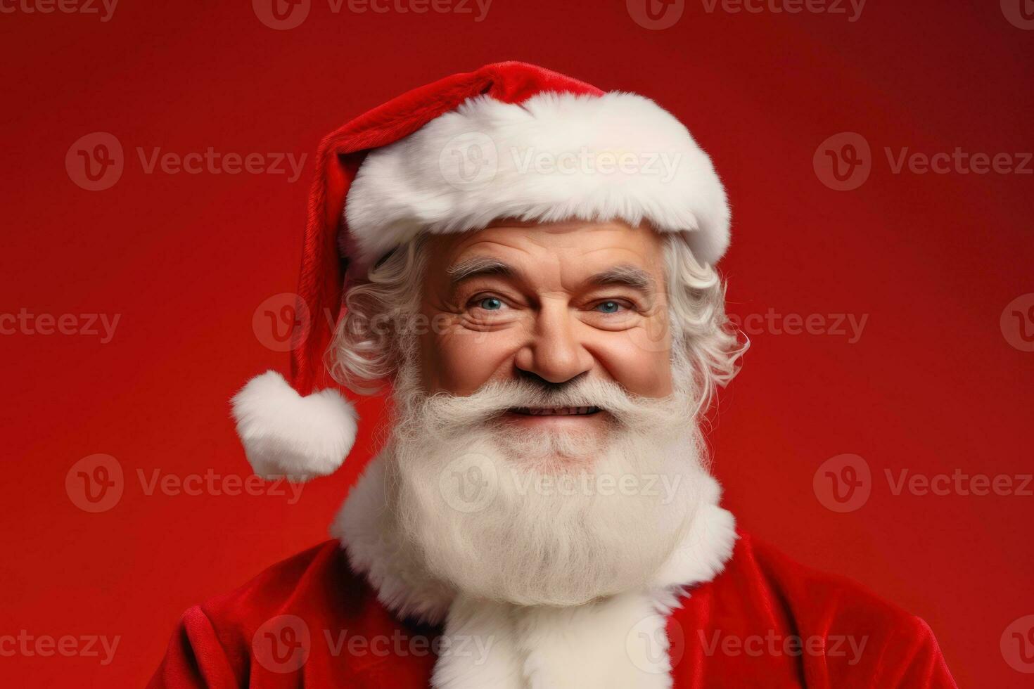 Portrait of happy senior man in Santa Claus costume on red background. Generative AI photo