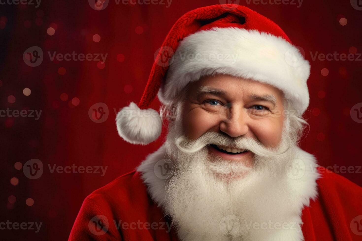 Portrait of Santa Claus on red background. Christmas and New Year concept. Generative AI photo