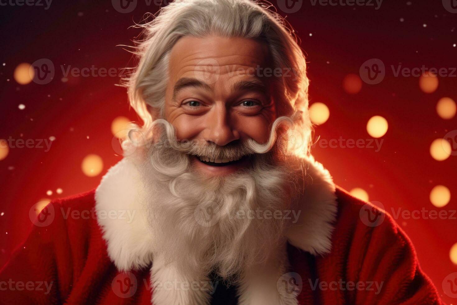Portrait of happy senior man in Santa Claus costume over red background. Generative AI photo