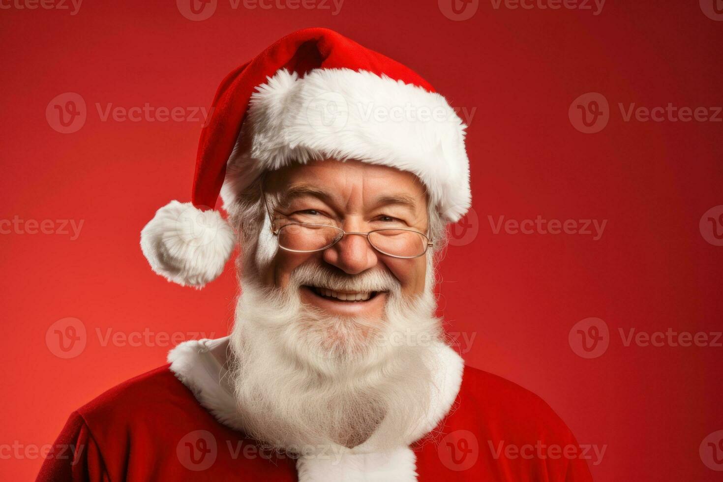 Portrait of happy Santa Claus in eyeglasses on red background Generative AI photo