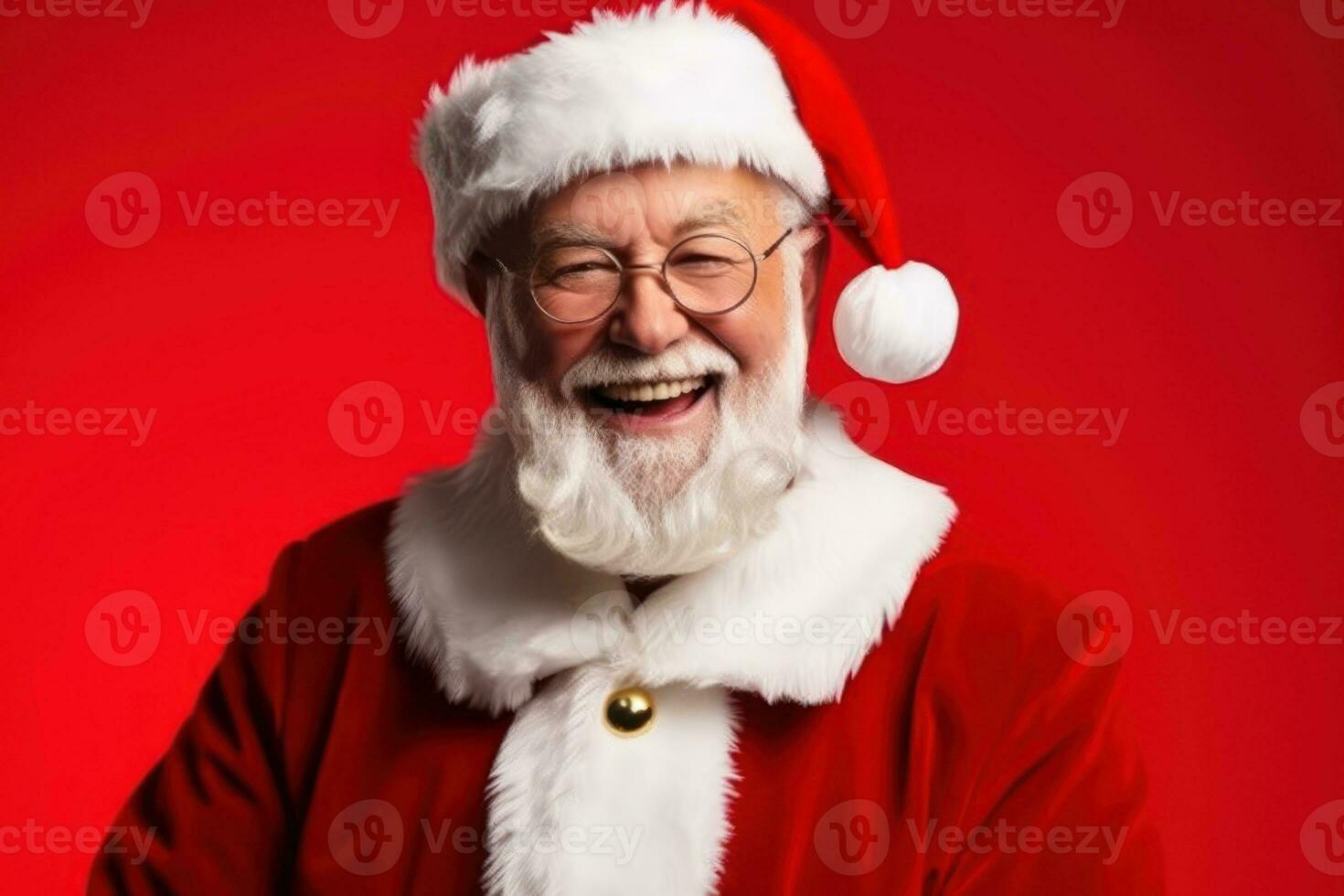 Portrait of senior man in Santa Claus clothes over red background. Generative AI photo