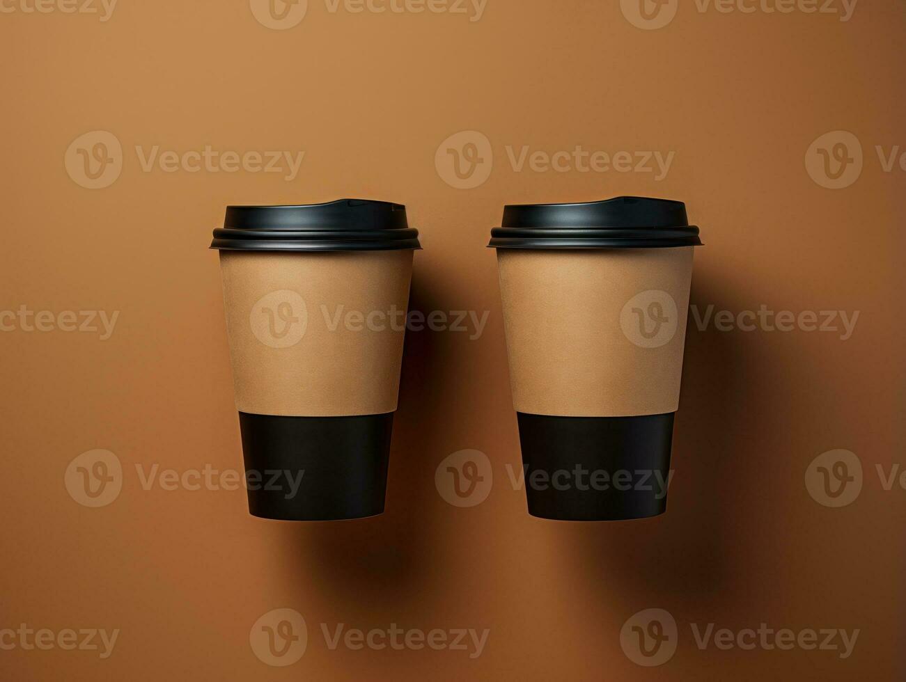 Two paper coffee cups with black cap on brown background. 3d rendering Generative AI photo
