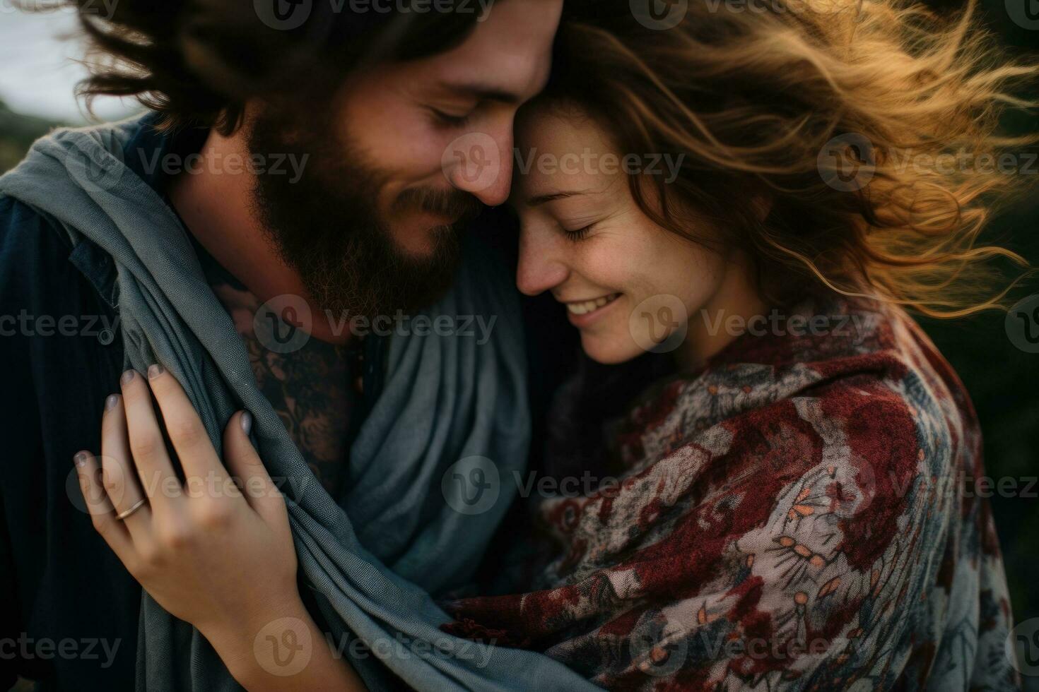 Young couple in love embracing in the park. Close-up portrait. Generative AI photo
