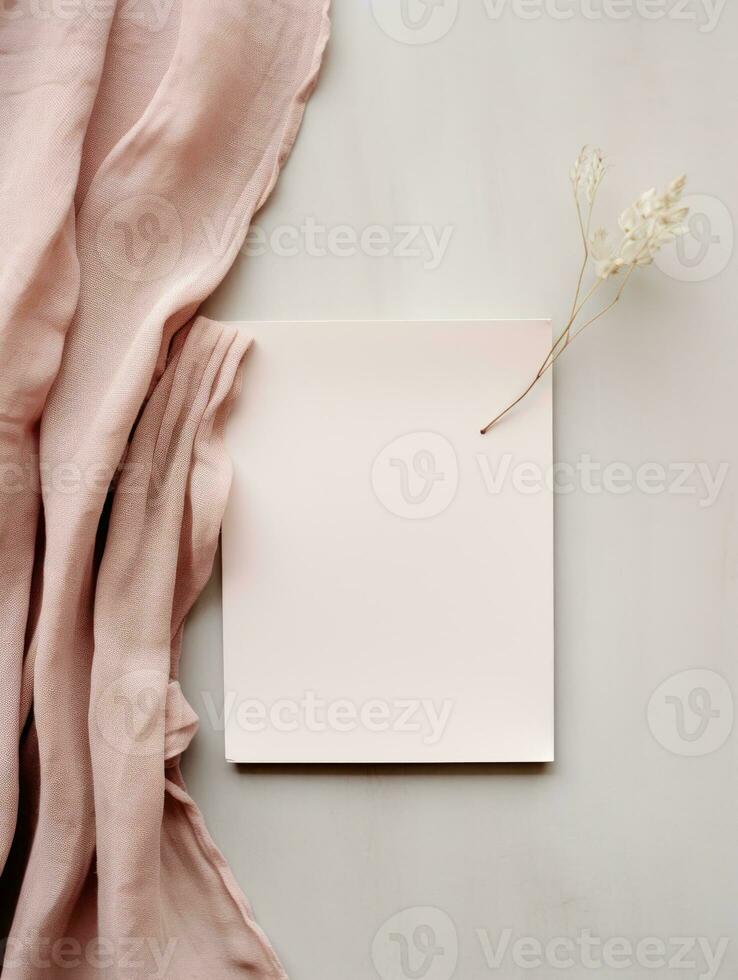 Blank card mockup with pink fabric and dried flowerle background. Generative AI photo