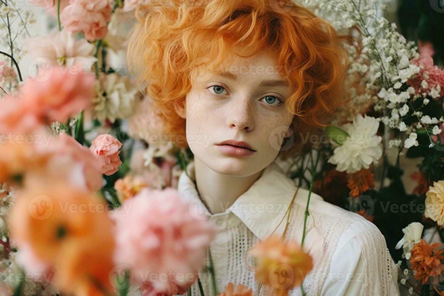 Portrait of a red-haired girl with freckles on her face. Generative AI photo