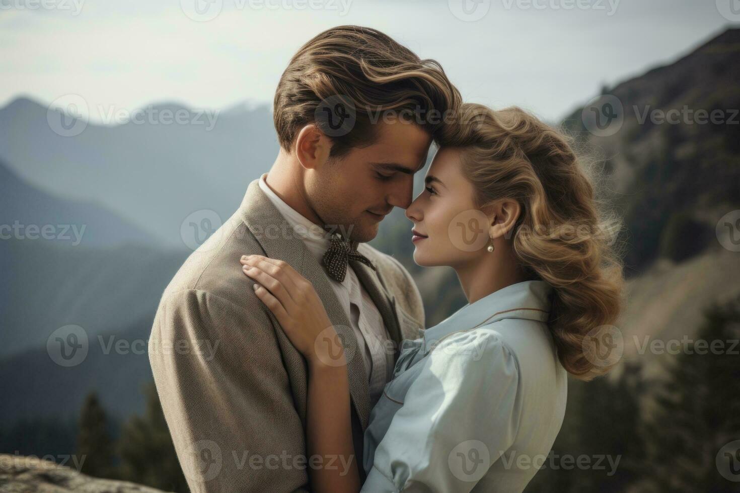 Beautiful young couple in love embracing on the top of a mountain Generative AI photo