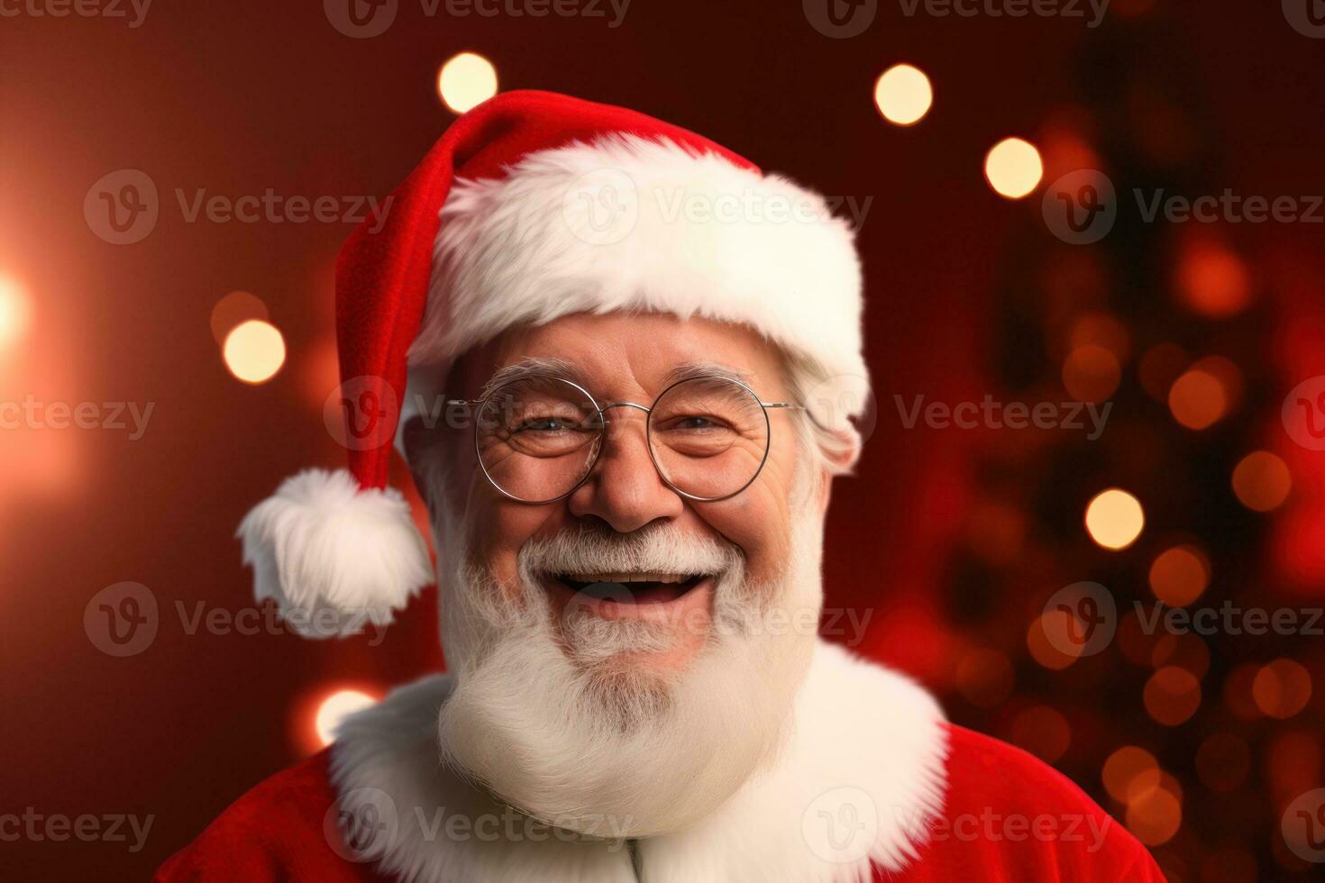 Portrait of happy Santa Claus in red costume and eyeglasses. Generative AI photo