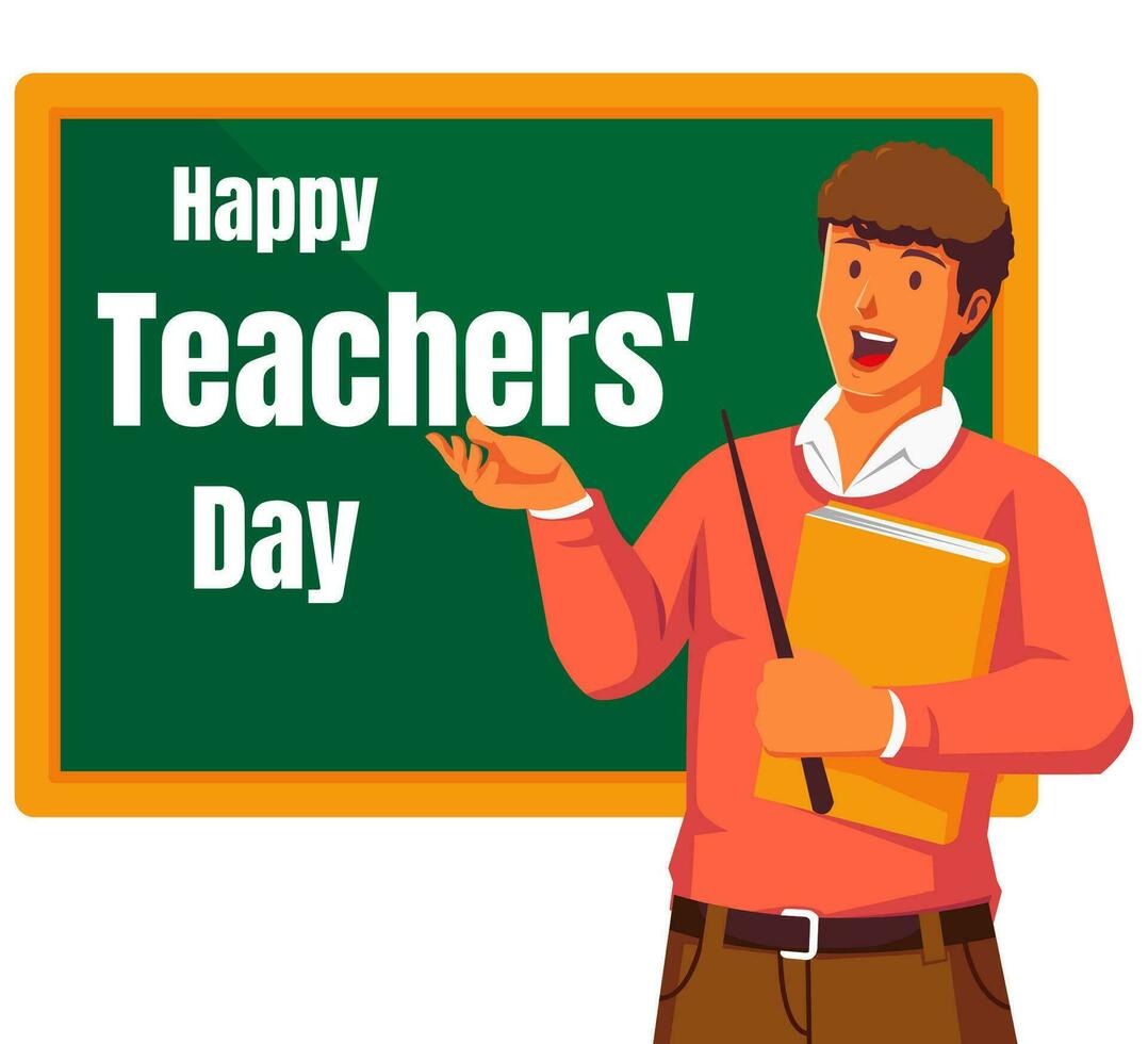 Happy teachers day with male teacher and chalkboard vector