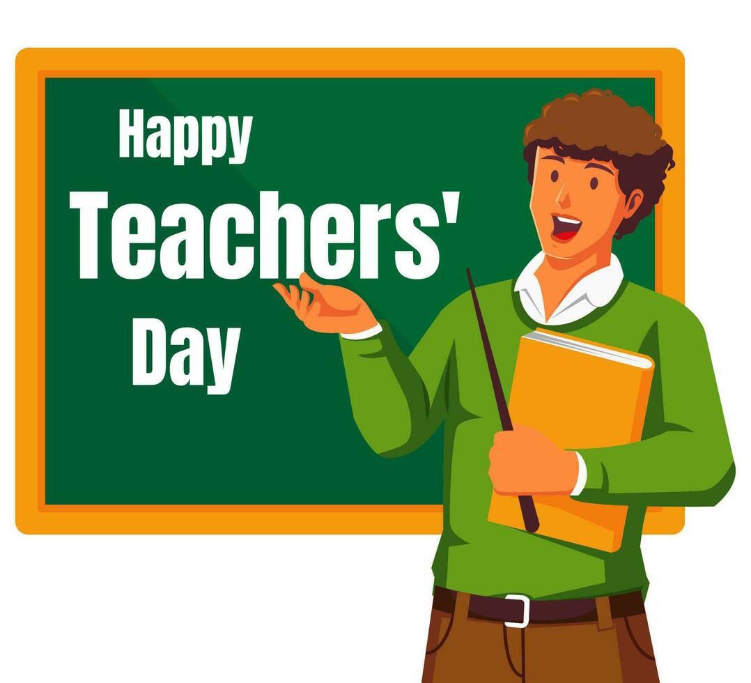 Happy teachers day with male teacher and chalkboard vector