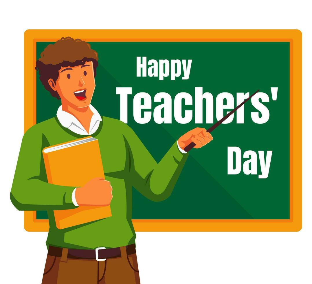 Happy teachers day with male teacher and chalkboard vector