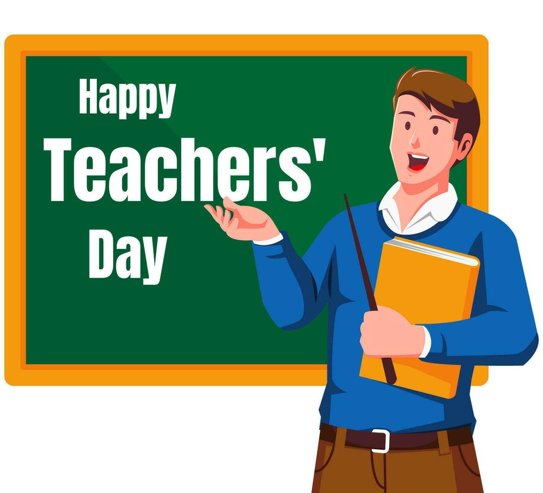 Happy teachers day with male teacher and chalkboard vector